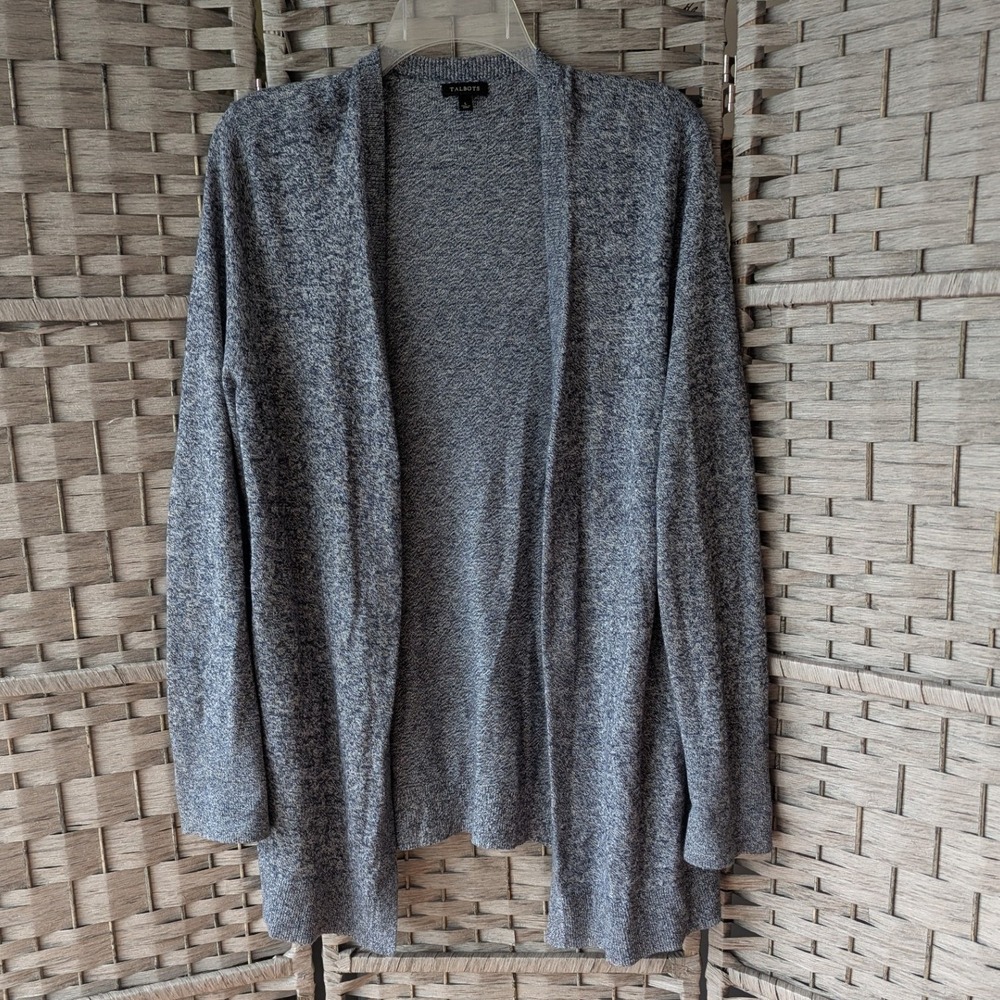 Talbots Blue Marled Cotton Cashmere Open Front Cardigan Longline Textured Knit - Picture 1 of 8